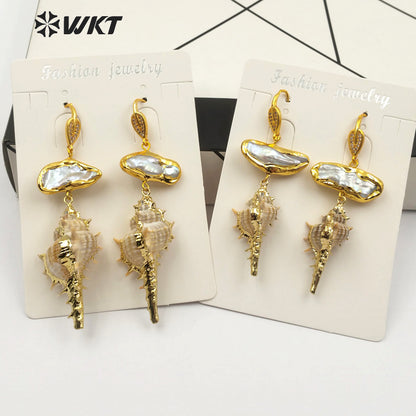 WT-E476 Jewelry Women Real Spiky Summer Holiday Sea Pearl Inlay Pearl Dainty Earring Raw Shape Wild Coast Trumpet Shell Earring