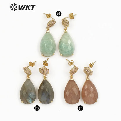 WT-E479 Simple Elegant Bridesmaid Jewely Hexagon Shape CZ Pave Earring Stud With Teardrop Amazonite Labradorite Earring