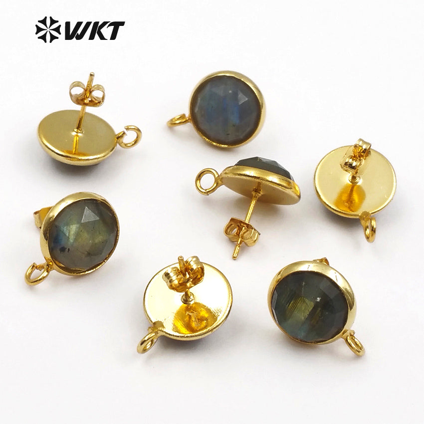WT-JF328 Natural Labradorite Stud Earring Round Shape Faceted Stone With Gold Bezel Post Connector Jewelry Findings
