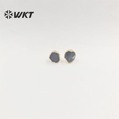 WKT-E673 Women Vintage Bohemian Raw Stone Studs Without Polish Fashion Gold Plated Hand Cut Original Rose Quartz Stone Studs