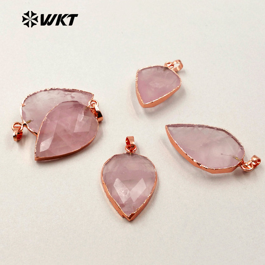 WT-P1297 WKT Wholesale pink Color Teardrop Faceted Raw Stone Charm Rose Gold Plated Rose Quartz Pendant