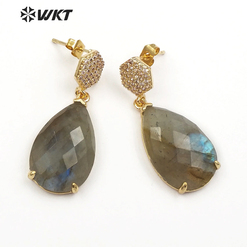 WT-E479 Simple Elegant Bridesmaid Jewely Hexagon Shape CZ Pave Earring Stud With Teardrop Amazonite Labradorite Earring