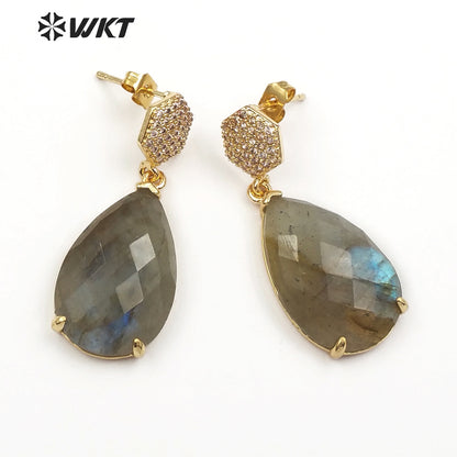 WT-E479 Simple Elegant Bridesmaid Jewely Hexagon Shape CZ Pave Earring Stud With Teardrop Amazonite Labradorite Earring
