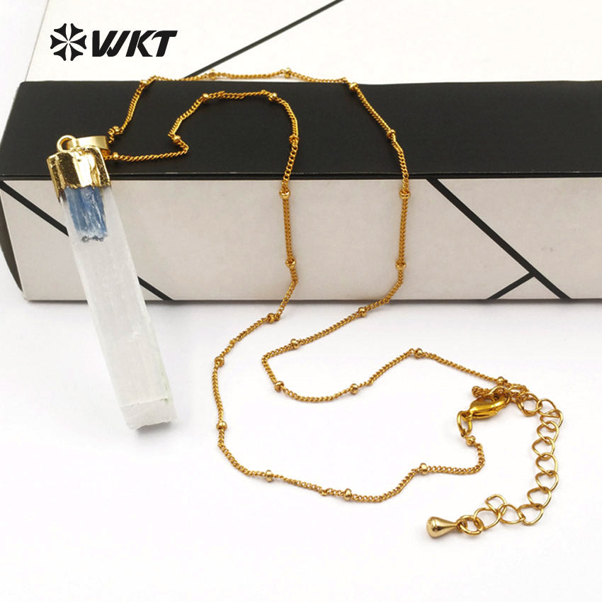 WT-N1128 Women Fashion Gold Plated White Selenite Necklace with Blue Kyanite Charm