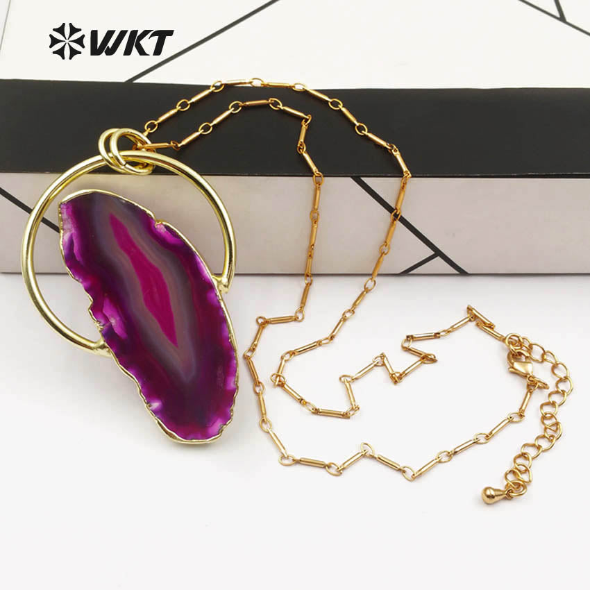 WT-N1138 Natural Sliced Stone With Gold Bezel Pendant Double Tiny Hoop Charm Bohe Layer 18'' Inch for Women Agate Necklace
