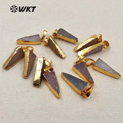 WT-P1276 WKT Wholesale Fashion New Natural Drusy Quartz 18k Real Gold Plated Charm Triangle Druzy Agate Pendant
