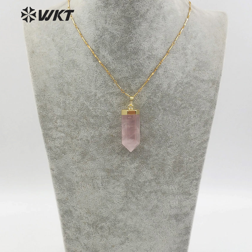 WT-N1144 18''Inch Boho Necklace in Pencil Point Shape Gold Capped Pink Quartz Pendant Jewelry Natural Rose Crystal Necklace