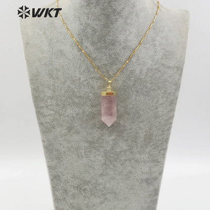 WT-N1144 18''Inch Boho Necklace in Pencil Point Shape Gold Capped Pink Quartz Pendant Jewelry Natural Rose Crystal Necklace