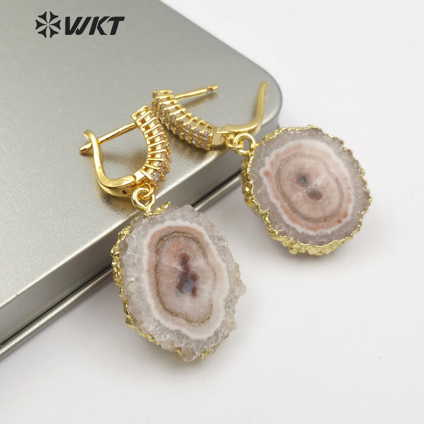 WT-E477 Women Vogue Jewelry With Gold Bezel Dainty Cubic Zirconia Pave Earring Natural Stalactite Quartz Delicate Stud Earring