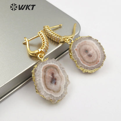WT-E477 Women Vogue Jewelry With Gold Bezel Dainty Cubic Zirconia Pave Earring Natural Stalactite Quartz Delicate Stud Earring