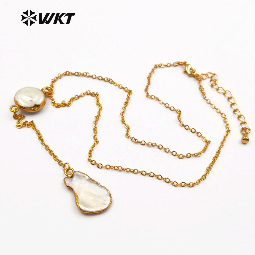 WT-N1127 Creative Design Natural Baroque Pearl Necklace, 18k Real Gold Plated Link Chain Baroque Pearl Necklace