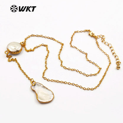 WT-N1127 Creative Design Natural Baroque Pearl Necklace, 18k Real Gold Plated Link Chain Baroque Pearl Necklace