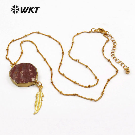 WT-N1131 Wholesale Ocean jasper With Feather Charm Necklace, 18k Real Gold Plated Ocean jasper Stone Necklace