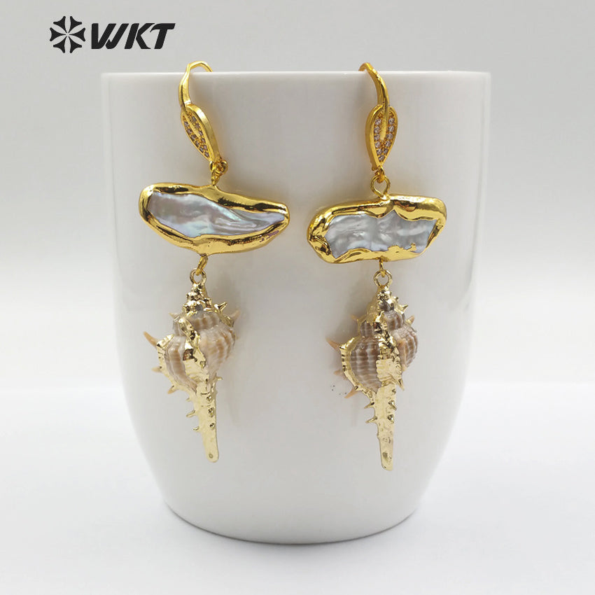 WT-E476 Jewelry Women Real Spiky Summer Holiday Sea Pearl Inlay Pearl Dainty Earring Raw Shape Wild Coast Trumpet Shell Earring