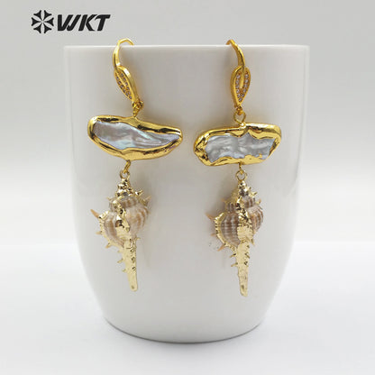 WT-E476 Jewelry Women Real Spiky Summer Holiday Sea Pearl Inlay Pearl Dainty Earring Raw Shape Wild Coast Trumpet Shell Earring