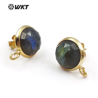 WT-JF328 Natural Labradorite Stud Earring Round Shape Faceted Stone With Gold Bezel Post Connector Jewelry Findings