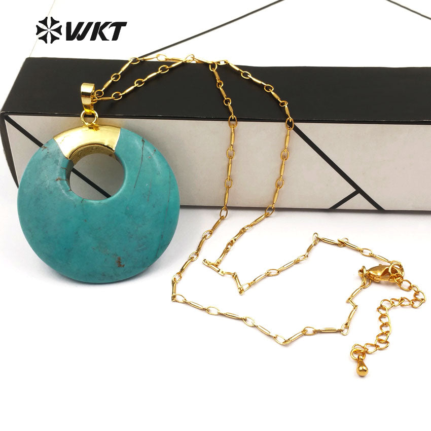 WT-N1129 Wholesale Boho Gold Plated Turquoise Necklace, Natural Green Turquoise Stone Necklace in Round