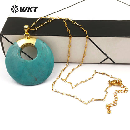 WT-N1129 Wholesale Boho Gold Plated Turquoise Necklace, Natural Green Turquoise Stone Necklace in Round