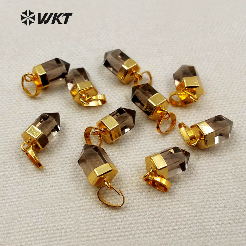 WT-P1265 WKT Wholesale Bullet Point Tiny Transparent 24k Real Gold Plated Smokey Quartz Pendant
