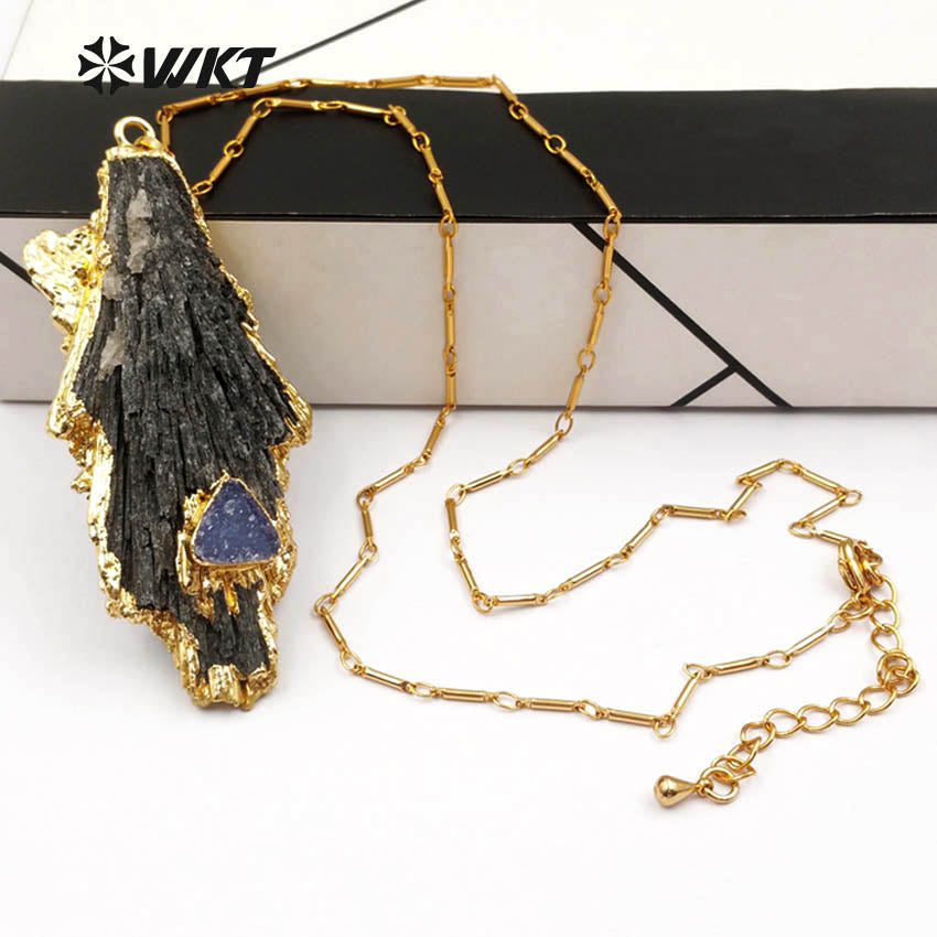 WT-N1123 Unique Black Tourmaline with Druzy Charms for Women Gorgeous Black Raw Stone Big Tourmaline Necklace