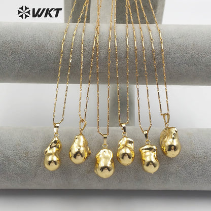 WT-JN059 18''Inch Bamboo Chain Personalize Gift in Full Gold Dipped Pearl Pendant Natural Raw Baroque Pearl Necklace