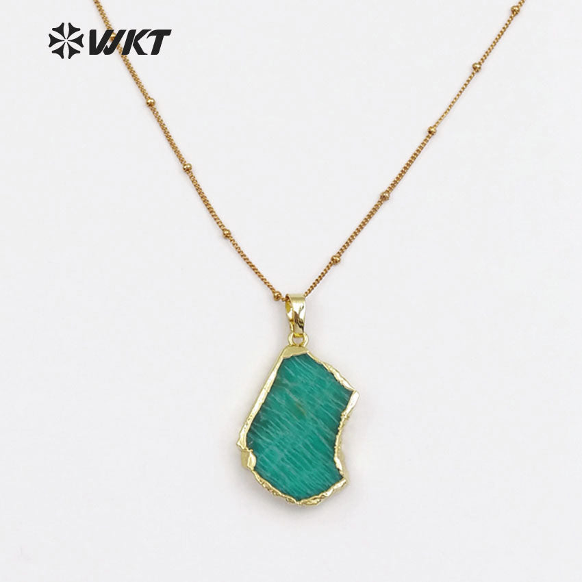 WT-N1136 Women Mineral Jewelry 18''Inch Long Gold Layer Irregular Shape Gold Bezel Natural Amazonite Stone Pendant Necklace