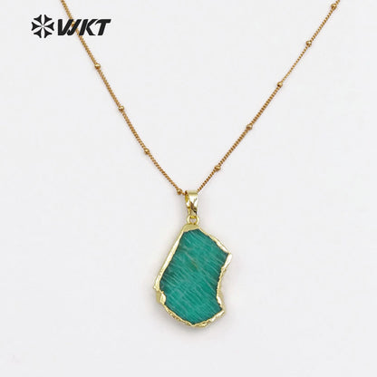 WT-N1136 Women Mineral Jewelry 18''Inch Long Gold Layer Irregular Shape Gold Bezel Natural Amazonite Stone Pendant Necklace