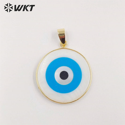 WT-JP330 WKT Newest Fashion Gold Bezel Charming Blue Turquoise Eye Pendant Big Turkey Eye Healing Shell Necklace Pendant