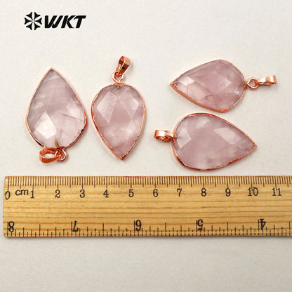 WT-P1297 WKT Wholesale pink Color Teardrop Faceted Raw Stone Charm Rose Gold Plated Rose Quartz Pendant