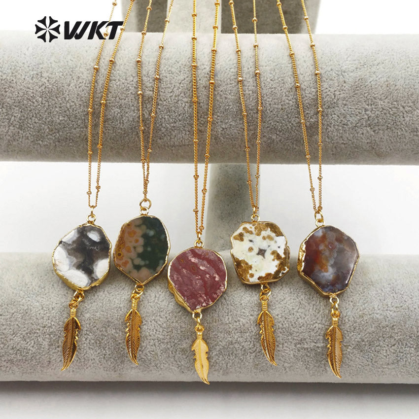 WT-N1131 Wholesale Ocean jasper With Feather Charm Necklace, 18k Real Gold Plated Ocean jasper Stone Necklace