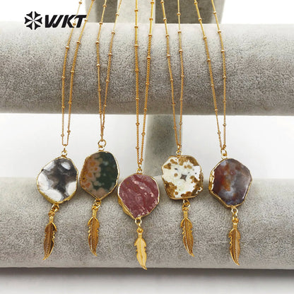 WT-N1131 Wholesale Ocean jasper With Feather Charm Necklace, 18k Real Gold Plated Ocean jasper Stone Necklace