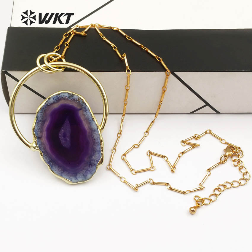 WT-N1138 Natural Sliced Stone With Gold Bezel Pendant Double Tiny Hoop Charm Bohe Layer 18'' Inch for Women Agate Necklace
