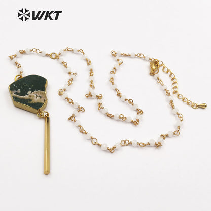 WT-N1132 Random Shape Natural Ocean Stone With Gold Trim Inlay Different Drop Pendant 18 Inch Crystal Bead Rosary Chain Necklace