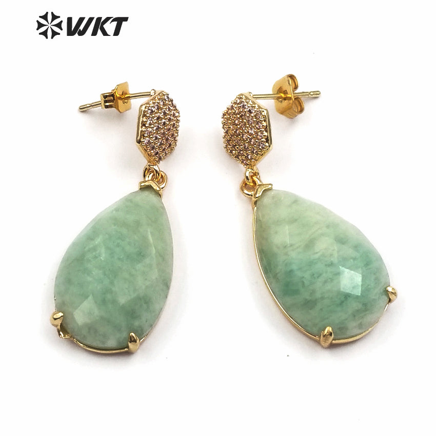 WT-E479 Simple Elegant Bridesmaid Jewely Hexagon Shape CZ Pave Earring Stud With Teardrop Amazonite Labradorite Earring