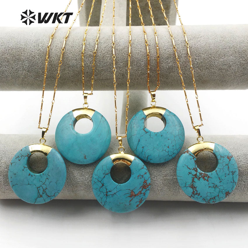 WT-N1129 Wholesale Boho Gold Plated Turquoise Necklace, Natural Green Turquoise Stone Necklace in Round