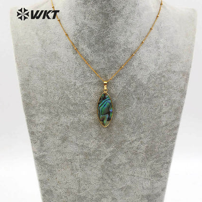WT-JN030 Wholesale Natural Abalone Shell Horse Eye Shape Pendant Necklace, Women Fashion Gold Trim Shell Necklace