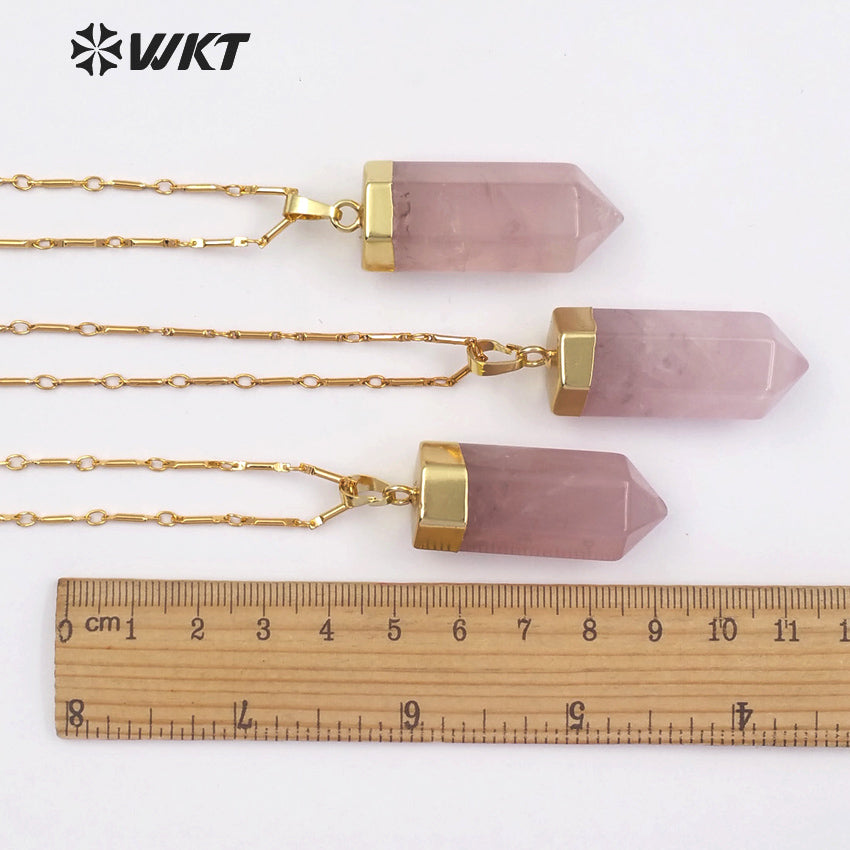 WT-N1144 18''Inch Boho Necklace in Pencil Point Shape Gold Capped Pink Quartz Pendant Jewelry Natural Rose Crystal Necklace