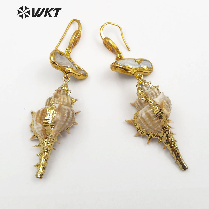 WT-E476 Jewelry Women Real Spiky Summer Holiday Sea Pearl Inlay Pearl Dainty Earring Raw Shape Wild Coast Trumpet Shell Earring
