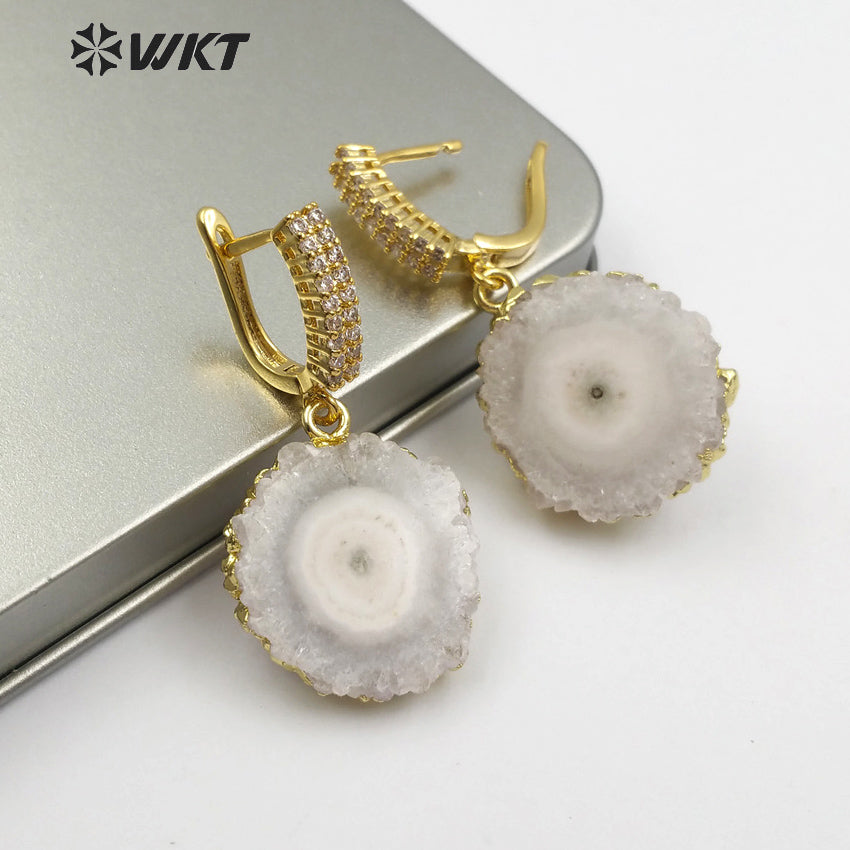 WT-E477 Women Vogue Jewelry With Gold Bezel Dainty Cubic Zirconia Pave Earring Natural Stalactite Quartz Delicate Stud Earring