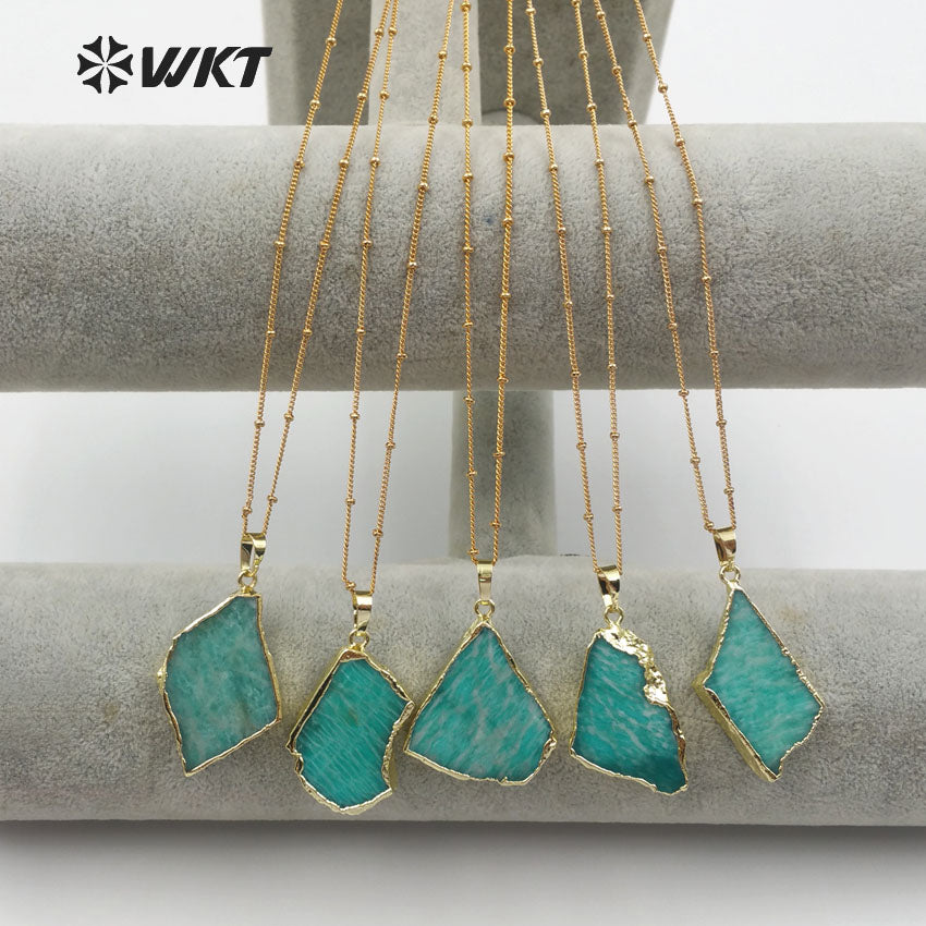 WT-N1136 Women Mineral Jewelry 18''Inch Long Gold Layer Irregular Shape Gold Bezel Natural Amazonite Stone Pendant Necklace