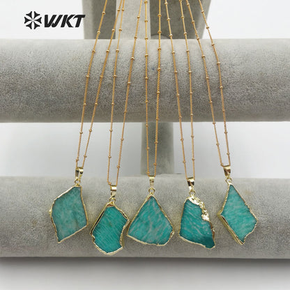 WT-N1136 Women Mineral Jewelry 18''Inch Long Gold Layer Irregular Shape Gold Bezel Natural Amazonite Stone Pendant Necklace
