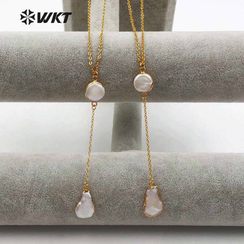 WT-N1127 Creative Design Natural Baroque Pearl Necklace, 18k Real Gold Plated Link Chain Baroque Pearl Necklace