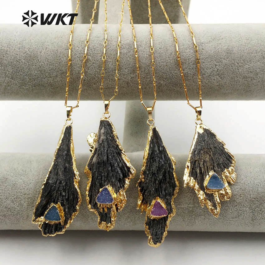 WT-N1123 Unique Black Tourmaline with Druzy Charms for Women Gorgeous Black Raw Stone Big Tourmaline Necklace