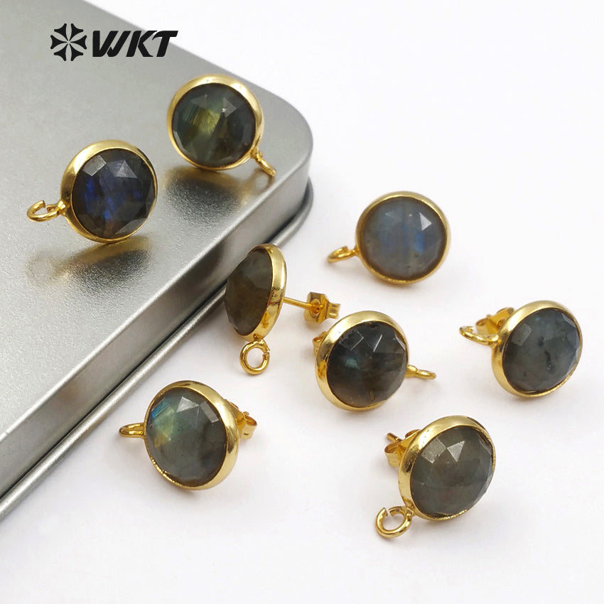 WT-JF328 Natural Labradorite Stud Earring Round Shape Faceted Stone With Gold Bezel Post Connector Jewelry Findings