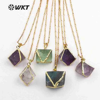WT-N1142 Hot Sale Women Jewelry Amazing Natural Colorful Stone Faceted with Gold Trim High Quality rainbow Fluorite Necklace