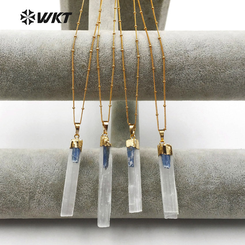 WT-N1128 Women Fashion Gold Plated White Selenite Necklace with Blue Kyanite Charm