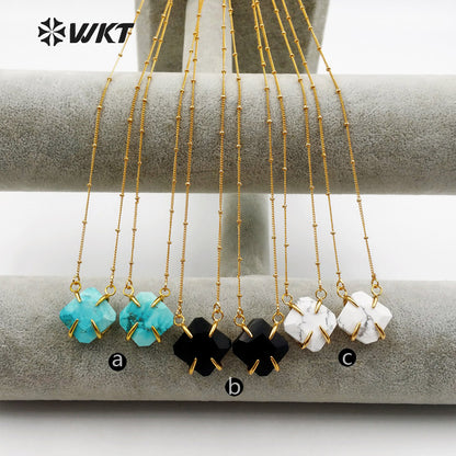 WT-N1134 Wholesale Fashion Mini Super Natural Stone Faceted Stone Necklace Pendant Necklace with Gold Trim Necklace
