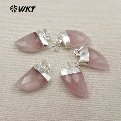 WT-P1269 WKT Wholesale Tiny Natural pink Jade 18k Real Gold Silver Plated Raw Rose Quartz Moon Pendant