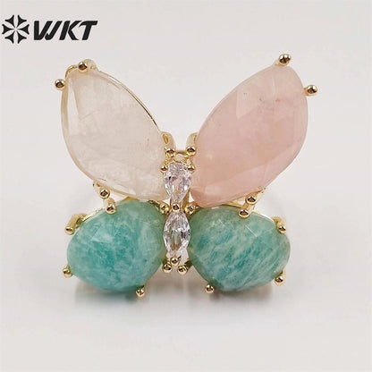 WT-R464 Amazing Natural Gemstone Carved Stone Ring Gorgeous Women Gold Plated Hand Carved Fashion Butterfly Ring