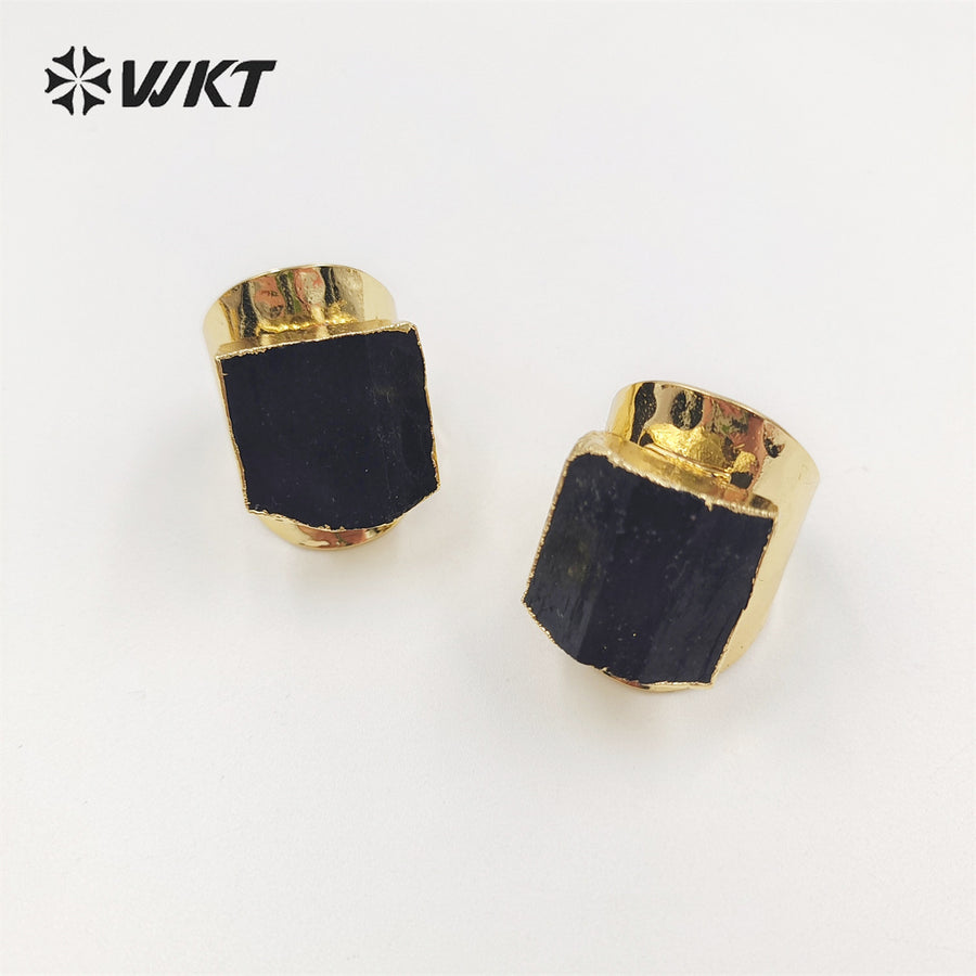 WT-R422 Women Beautiful Energy Black Tourmaline Stone Ring 18k Real Gold Plated Natural Stone Wide Birthday Gift Ring